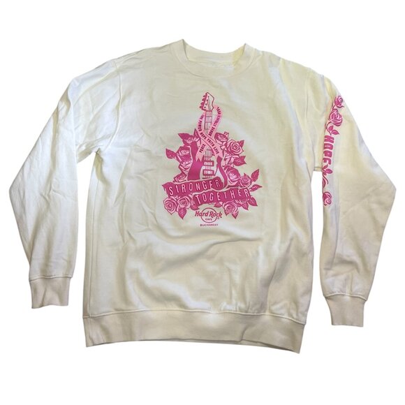 Bucharest Hard Rock Cafe Sweatshirt Women's Size L Stronger Together White Pink - Picture 1 of 4